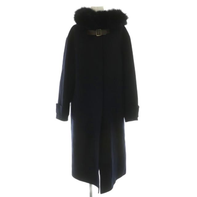 【中古】フォクシー FOXEY 38755 BLUE MOON フォックスファー カシミヤコート アウター ロング フード 38 濃紺