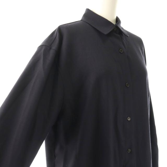 【中古】セオリー ウールPLフランネルOSマキシSD シャツワンピース ロング丈 長袖 ワンカラー S 紺 ネイビー_3