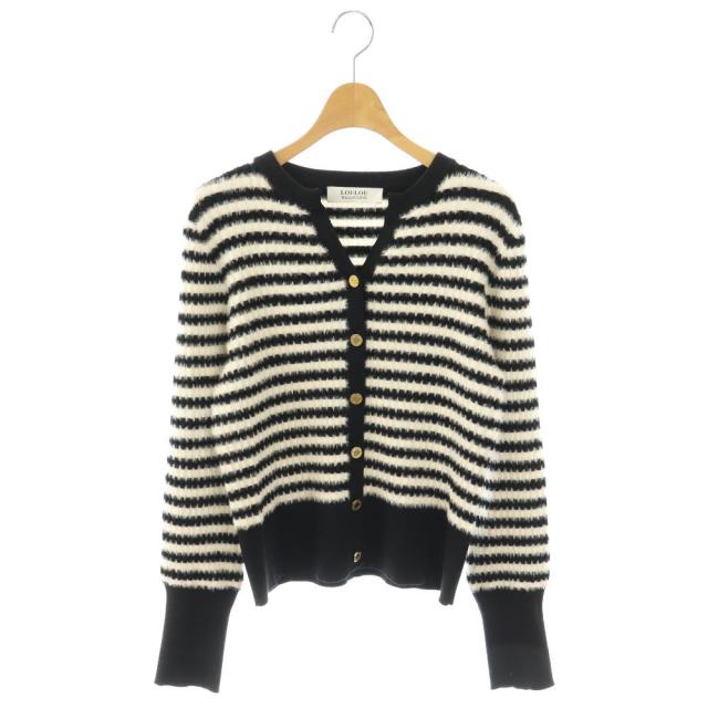 【中古】ルルウィルビー Loulou Willoughby 25AW フェザーボーダーカーディガン ニット 長袖 2 ブラック ホワイト