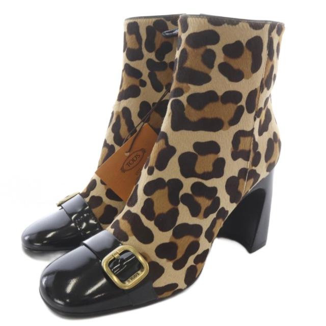 【中古】トッズ TOD'S ハラコ アニマルショートブーツ ハイヒール 38.5 茶色 ブラウン 黒 ブラック /SR レディース_1