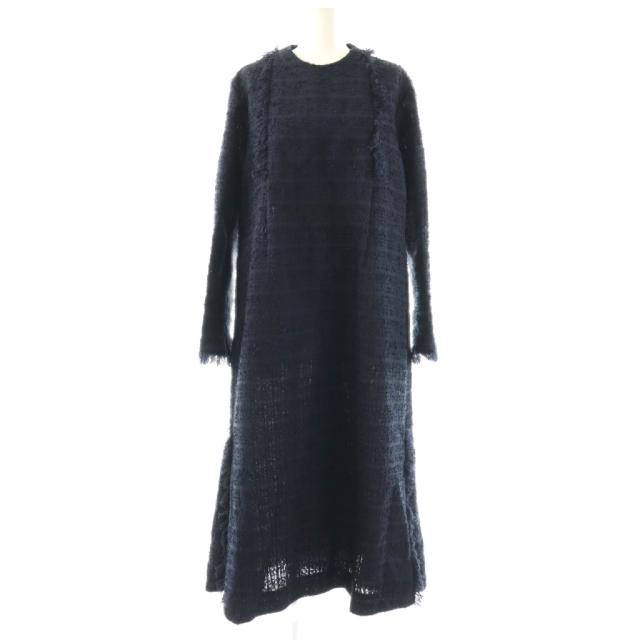 【中古】イッセイミヤケ ISSEY MIYAKE ハート ツイード タックロングワンピース 長袖 ロング 2 紺 /NR ■OS レディース