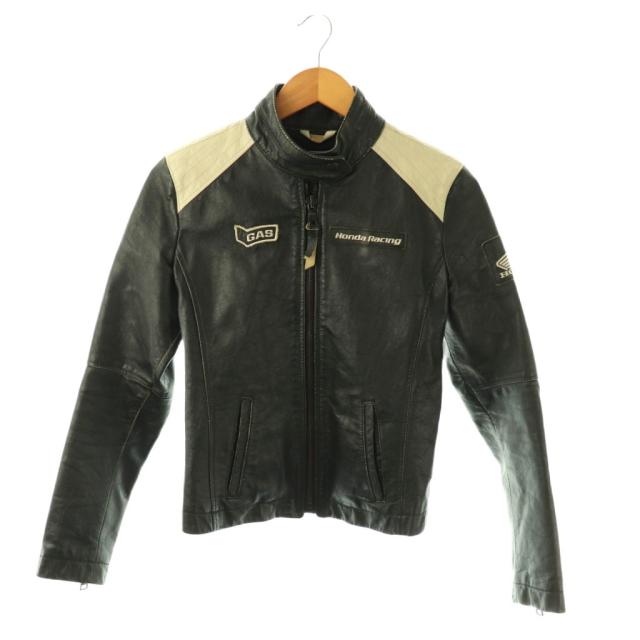 【中古】ガス GAS × HONDA RACING シングルライダースジャケット レザー S 黒 ブラック オフホワイト /SS ■OS