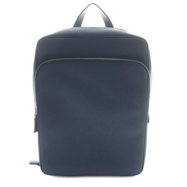 【中古】プラダ PRADA サフィアーノ バックパック リュックサック スクエア 三角ロゴ ワンカラー 紺 ネイビー