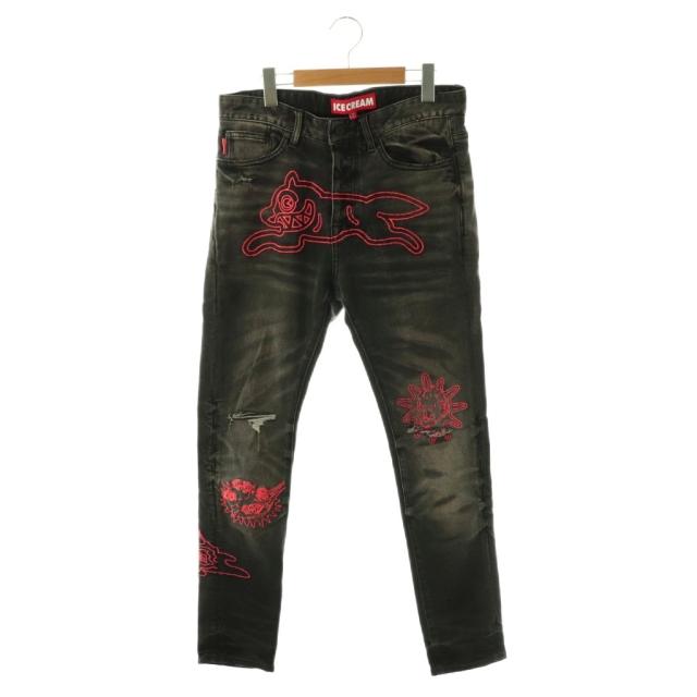 【中古】アイス クリーム ICE CREAM Outline Jeans スキニーデニムパンツ ジーンズ 刺繍 ボタンフライ 30 ブラック