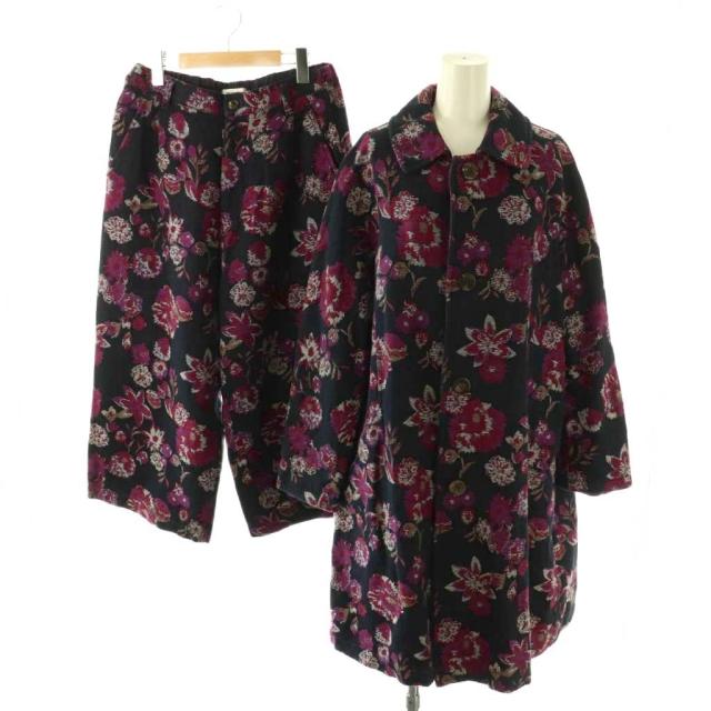 【中古】プランテーション plantation セットアップ 上下 コート アウター パンツ ワイド 花柄 M 紺 ピンク /NR