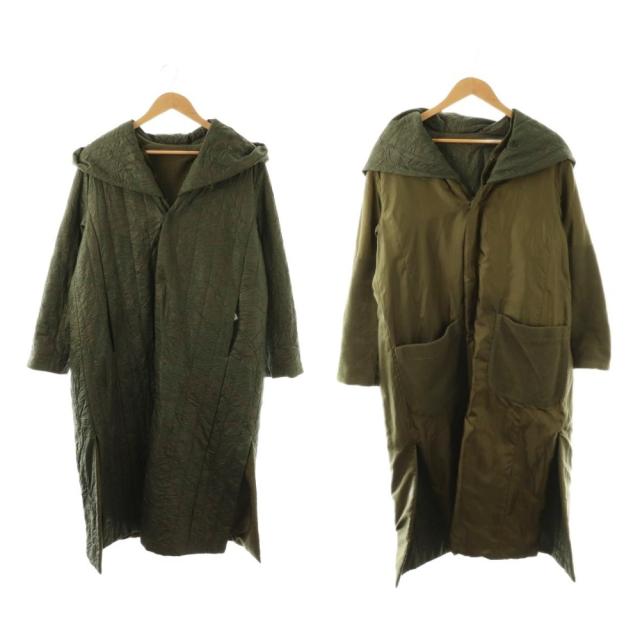 【中古】プランテーション plantation クラッシュキルトコート リバーシブル 中綿 フード付き M 深緑