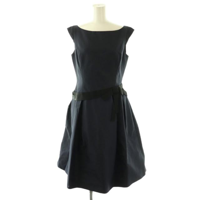 【中古】フォクシー FOXEY Ribbon Dress ワンピース シルク ボートネック ノースリーブ 40 紺 /CX ■OS レディース