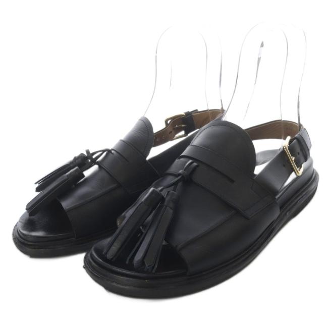 【中古】マルニ MARNI サンダル フラット タッセル ストラップ レザー 39 ブラック /YO20 レディース