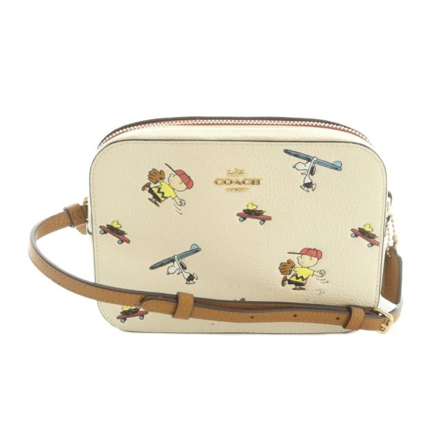 【中古】コーチ職 × PEANUTS ショルダーバッグ 真四角型 ペブルレザー 象牙色 マルチ色合い C4902 レディース