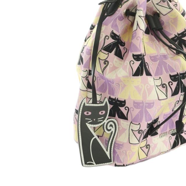 【中古】ミュウミュウ miumiu CANAPA CATS 巾着バッグ 猫柄 ラベンダー 黒 白 クリーム /MI ■OS ■OH レディース_5