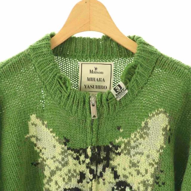 【中古】ミハラヤスヒロ メゾン CAT INTARSIA KNIT CARDIGAN カーディガン ダメージ加工 ジップアップ 38 グリーン_4