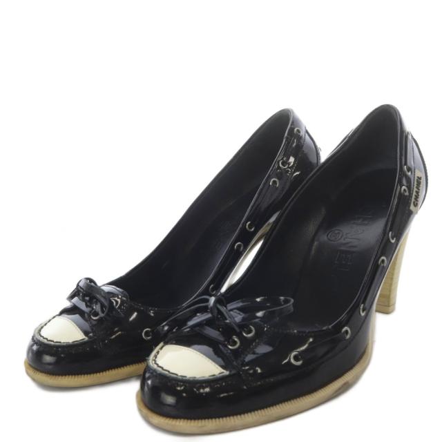 【中古】シャネル CHANEL パンプス ハイヒール リボンモチーフ エナメルレザー 23.5cm ブラック /YO10 レディース