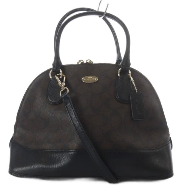 【中古】コーチ COACH ラグジュアリー シグネチャー コーラ ドームド サッチェル ダークブラウン ブラック F33904
