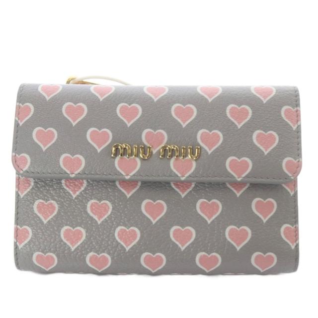 【中古】未使用品 ミュウミュウ miumiu 財布 三つ折り ハート柄 ゴートレザー グレー 5ML014 /YO13 ■OH レディース