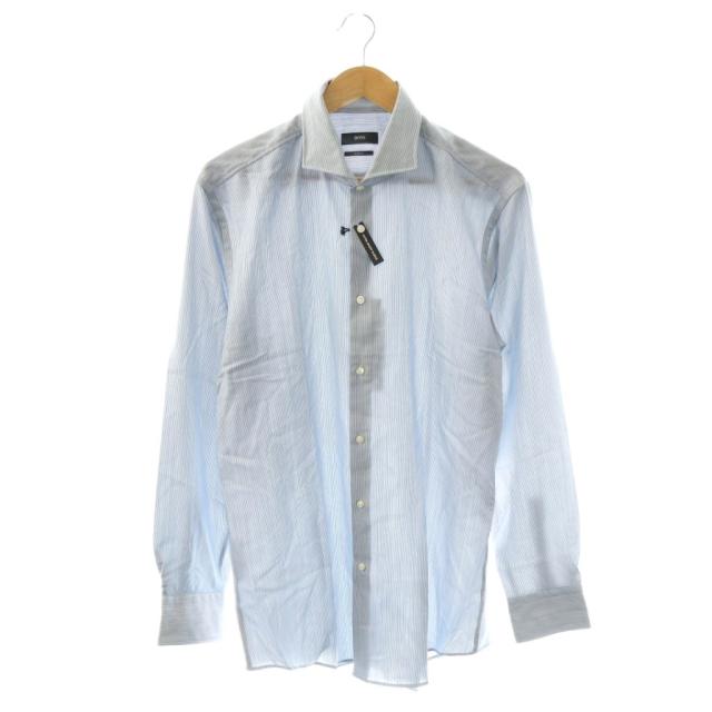 【中古】未使用品 ヒューゴボス HUGO BOSS レギュラーカラーストライプシャツ ウール 長袖 42A ブルー ホワイト /CX