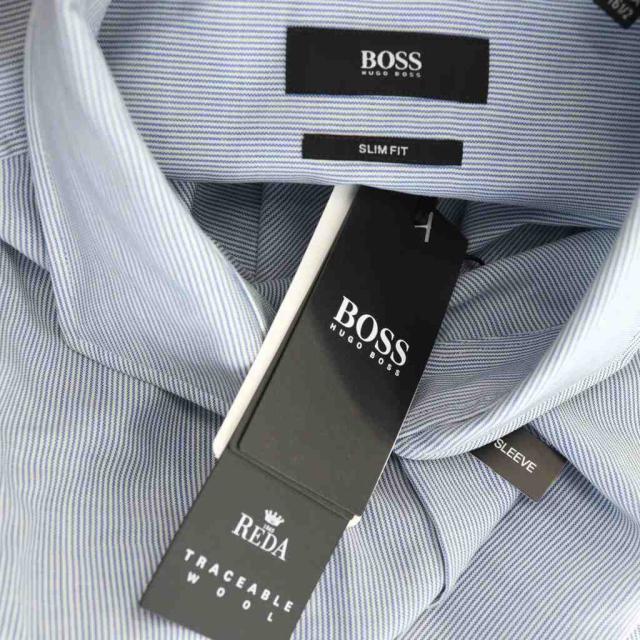 【中古】未使用品 ヒューゴボス HUGO BOSS レギュラーカラーストライプシャツ ウール 長袖 42A ブルー ホワイト /CX_4