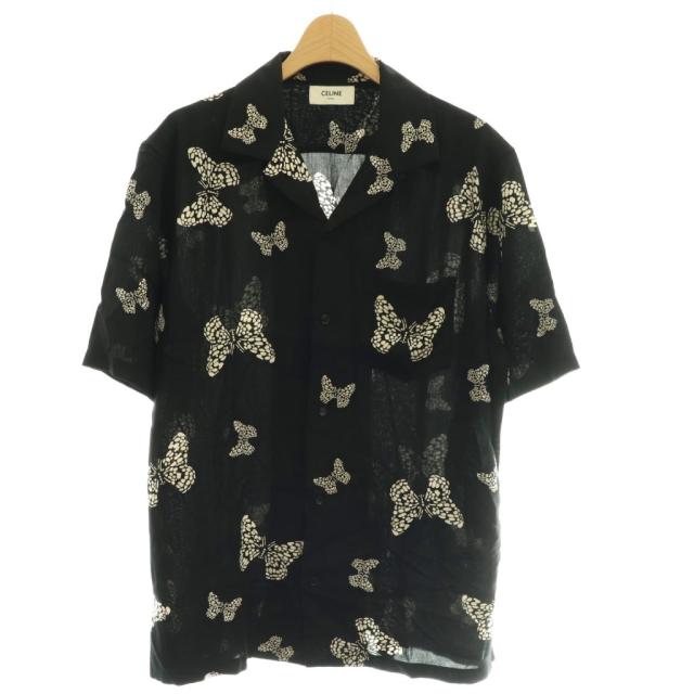 【中古】セリーヌ CELINE バタフライ ハワイアン レーヨン シャツ 半袖 総柄 オープンカラー 37 黒 ベージュ /CX