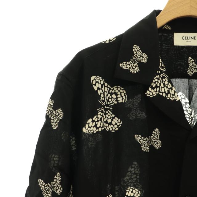 【中古】セリーヌ CELINE バタフライ ハワイアン レーヨン シャツ 半袖 総柄 オープンカラー 37 黒 ベージュ /CX