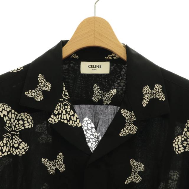 【中古】セリーヌ CELINE バタフライ ハワイアン レーヨン シャツ 半袖 総柄 オープンカラー 37 黒 ベージュ /CX