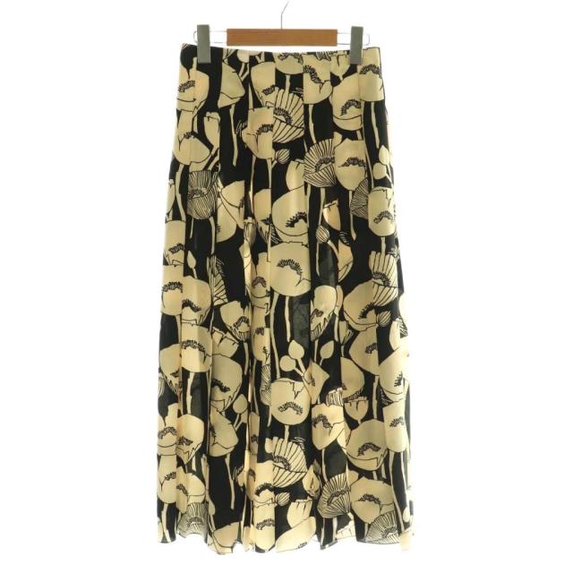 【中古】グッチ GUCCI シルク フラワープリントプリーツロングスカート フレア 36 黒 ベージュ /CX ■OS レディース