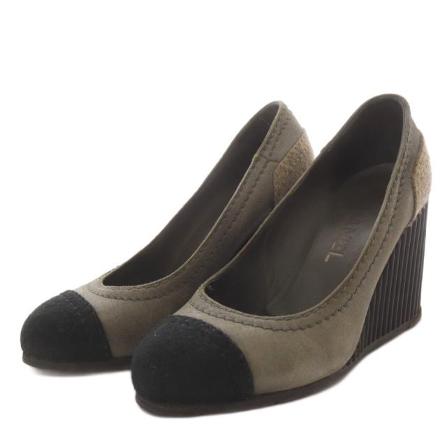【中古】シャネル CHANEL パンプス ウエッジソール 切替トゥ ココマーク フェルト 36.5 グレー ブラック G26858_1