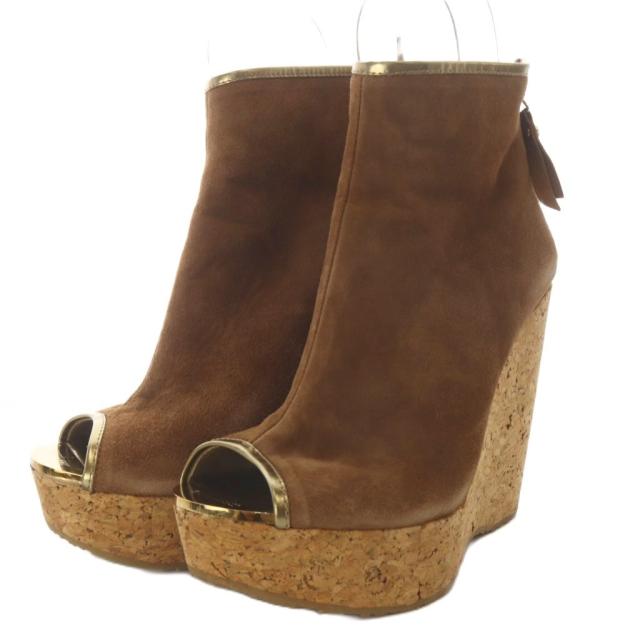 【中古】ジミーチュウ JIMMY CHOO ウェッジソールオープントゥブーツ コルク ショート スエード 37 ブラウン
