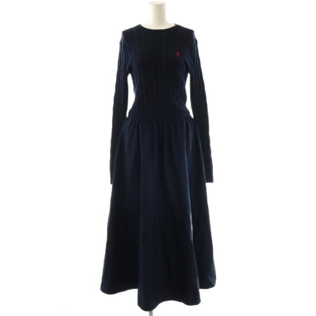 【中古】ポロ バイ ラルフローレン ケーブルニット切替ワンピース ロング 長袖 XS ネイビー /DO ■OS レディース