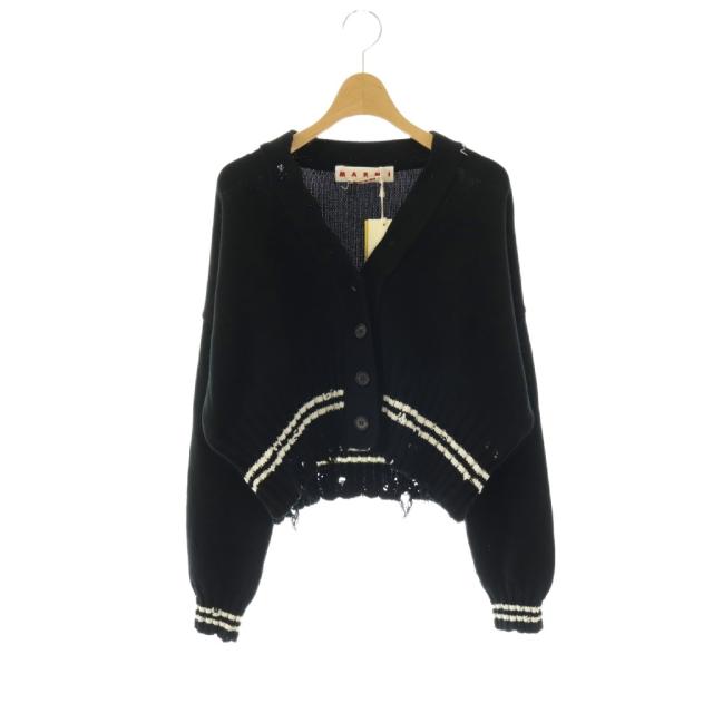【中古】未使用品 マルニ 25FW ダメージ加工ニットカーディガン 長袖 40 ブラック ホワイト CDMD0223Q0 /DO ■OS