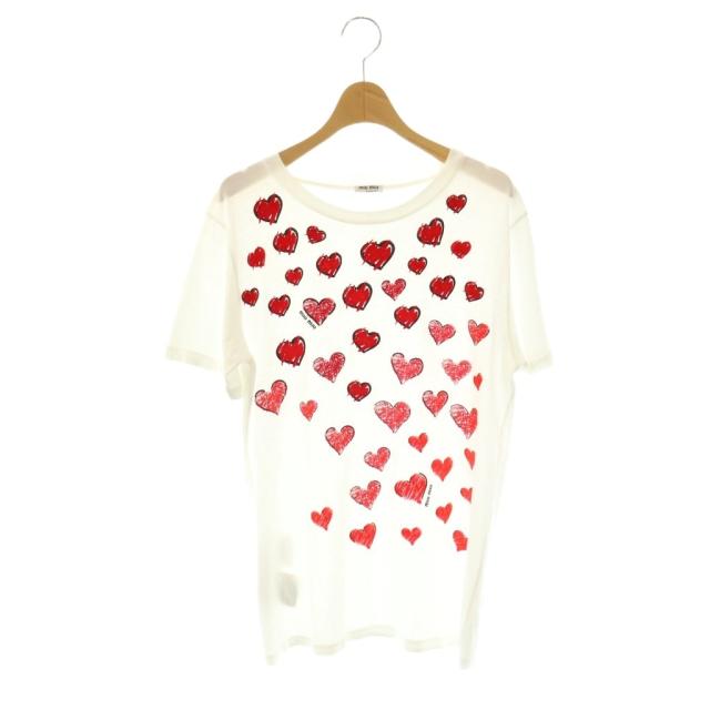 【中古】ミュウミュウ miumiu ハートTシャツ カットソー 半袖 L ホワイト レッド ブラック /DO ■OS レディース