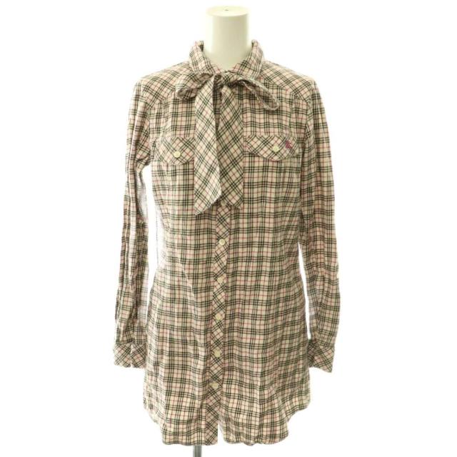 【中古】バーバリーブルーレーベル BURBERRY BLUE LABEL チェック ネルシャツ リボン付き 38 ベージュ 赤 茶 /CX