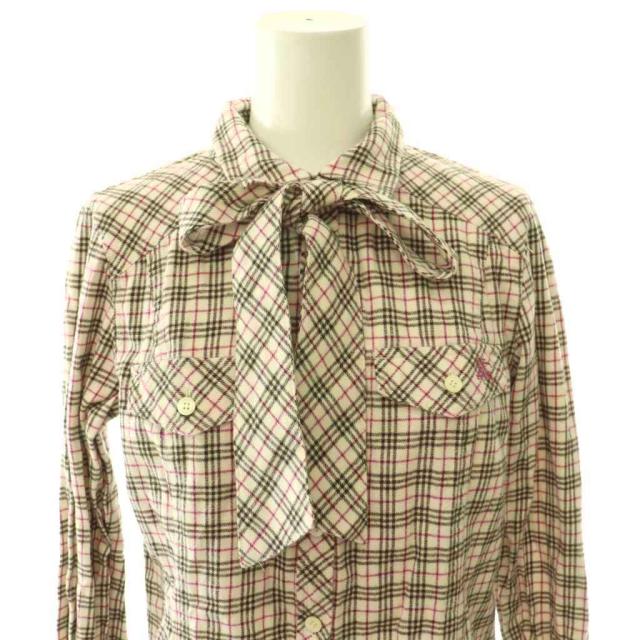 【中古】バーバリーブルーレーベル BURBERRY BLUE LABEL チェック ネルシャツ リボン付き 38 ベージュ 赤 茶 /CX_3