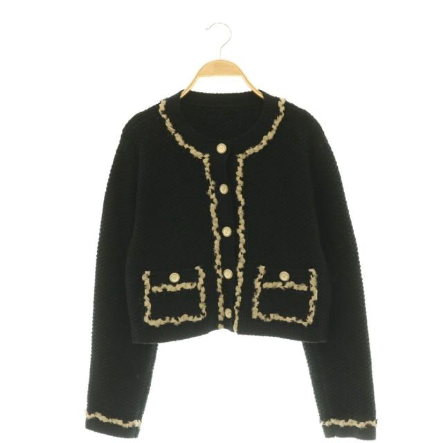 【中古】フォクシー FOXEY 44130 24年 Knit Jacket Bonheur ニットジャケット ノーカラー 40 ブラック ベージュ /ES