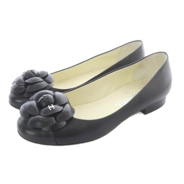 【中古】シャネル CHANEL カメリア レザー パンプス 35 黒 ブラック /SR レディース