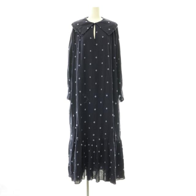 【中古】ヌキテパ NE QUITTEZ PAS! Cotton Gauze Full Embroidery Frill Collar Dress ワンピース 花柄 刺繍 M 紺