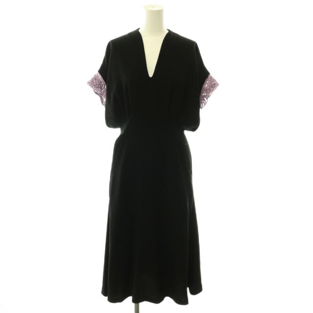 【中古】マメクロゴウチ Embroidery Cuffs V-Neck Dress ワンピース レーススリーブ シルク混 バイカラー 1 黒 紫