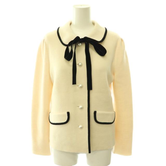 【中古】ルネ Rene フェイクパールボタンニットジャケット ラウンドカラー 34 アイボリー 黒 ブラック /CX ■OS