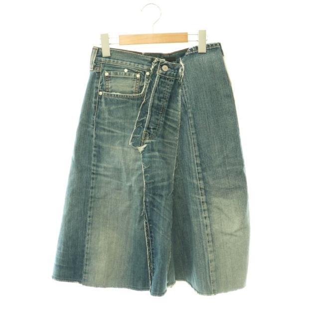 【中古】未使用品 キイト QUIITO 25SS 再構築 デニムスカート IENA取扱い フレア ボタンフライ ひざ丈 36 青 ブルー