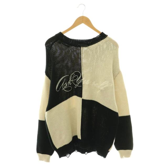【中古】アスクユアセルフ Chunky Checkered Knit コットンニットプルオーバー セーター 長袖 S ブラック