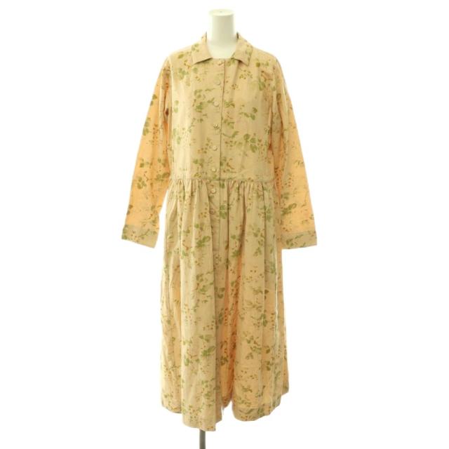 【中古】未使用品 ススリ ペコラドレス ワンピース ロング 長袖 総柄 リネン混 0 ベージュ マルチカラー 26-203