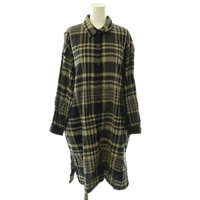 【中古】メゾンドソイル maison de soil コットンチェックシャツ ワンピース ロング 長袖 2 ネイビー グレージュ