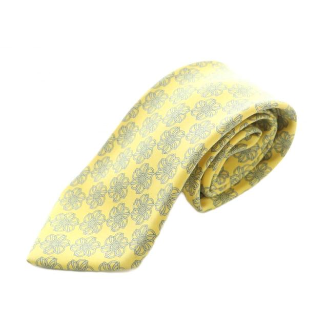 【中古】エルメス HERMES ネクタイ レギュラータイ シルク 総柄 黄色 イエロー グレー /MI ■OS ■OH ■AD メンズ