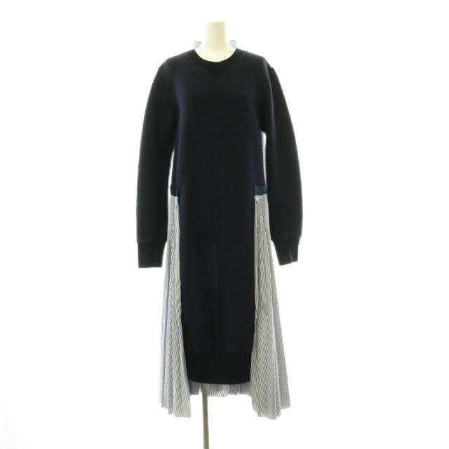 【中古】サカイ sacai ストライプ ドッキングワンピース スウェット プリーツ 2 紺 ネイビー 青 ブルー 白 ホワイト