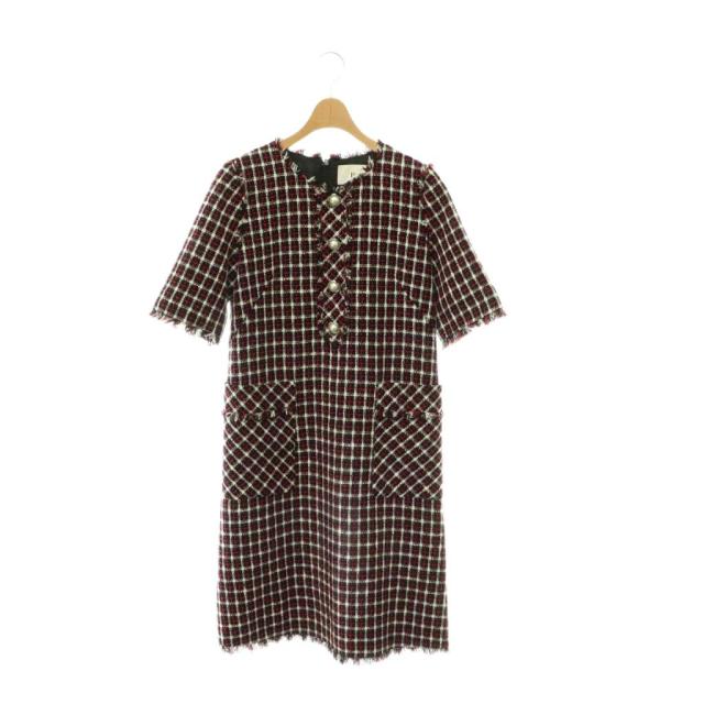【中古】ルネ Rene 半袖 ツイード ワンピース ロング 34 ブラック レッド /SY ■OS レディース