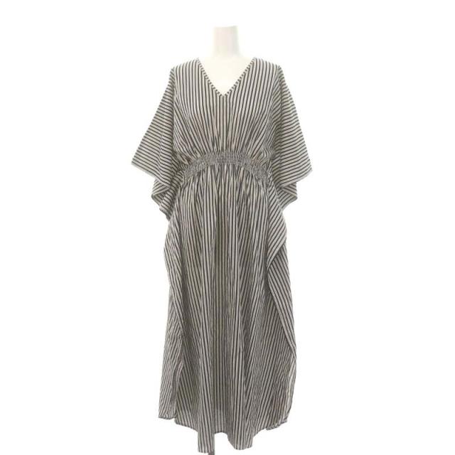 【中古】マリハ MARIHA カフタンワンピース ロング 五分袖 Vネック ストライプ コットン 白 黒 カーキ