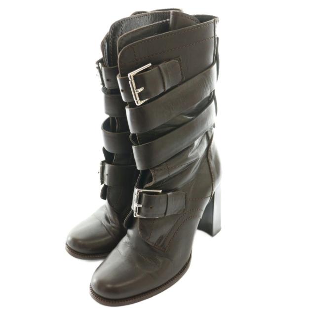 【中古】セリーヌ CELINE レザー ベルトデザイン ミドルブーツ チャンキーヒール 35.5 茶 ブラウン /SS ■OS ■SH