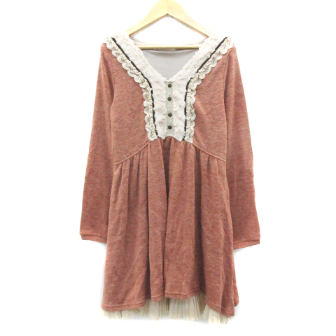 中古】アクシーズファム ニットワンピース ミニ丈 長袖 Vネック フリル  