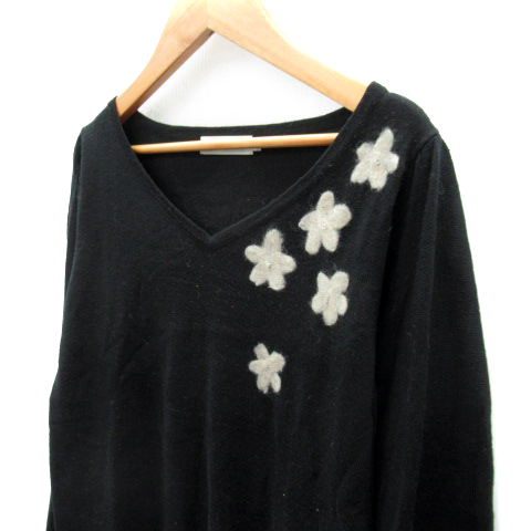中古】クチュールブローチ ニット カットソー 長袖 Vネック 花モチーフ  