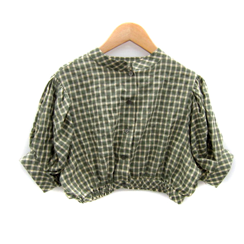 【中古】フーズフーギャラリー ブラウス シャツ ショート丈 五分袖 バンドカラー チェック柄 F 緑 /SY34 レディース