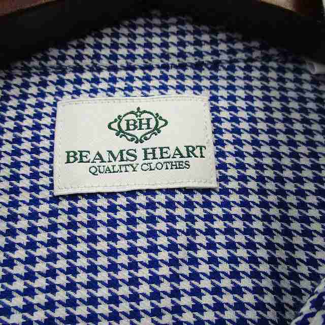 BEAMS HEARTハウンドトゥースカッタウェイシャツ青白メンズL千鳥格子柄