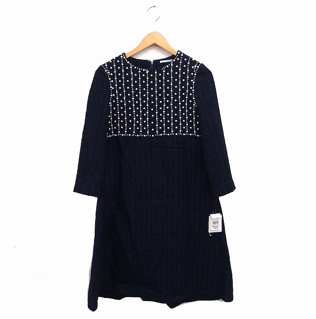 【中古】未使用品 アナトリエ ANATELIER タグ付き パール装飾 ツイード ワンピース ドレス ロング丈 Aライン 38